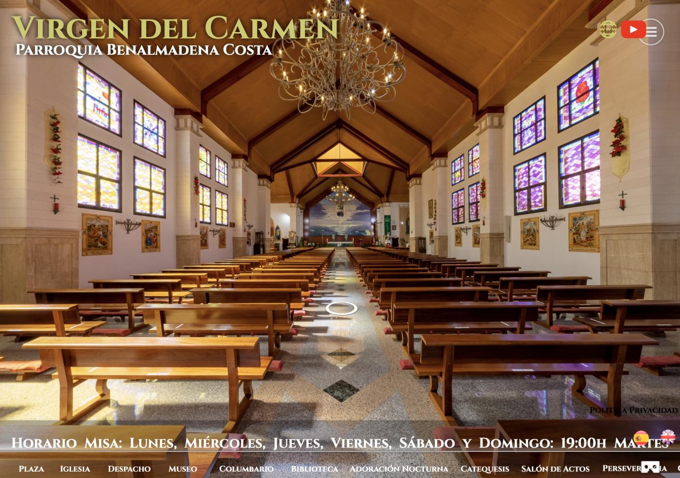 Imagen del interior del templo desde el tour virtual de la parroquia Virgen del Carmen de Benalmádena-Costa