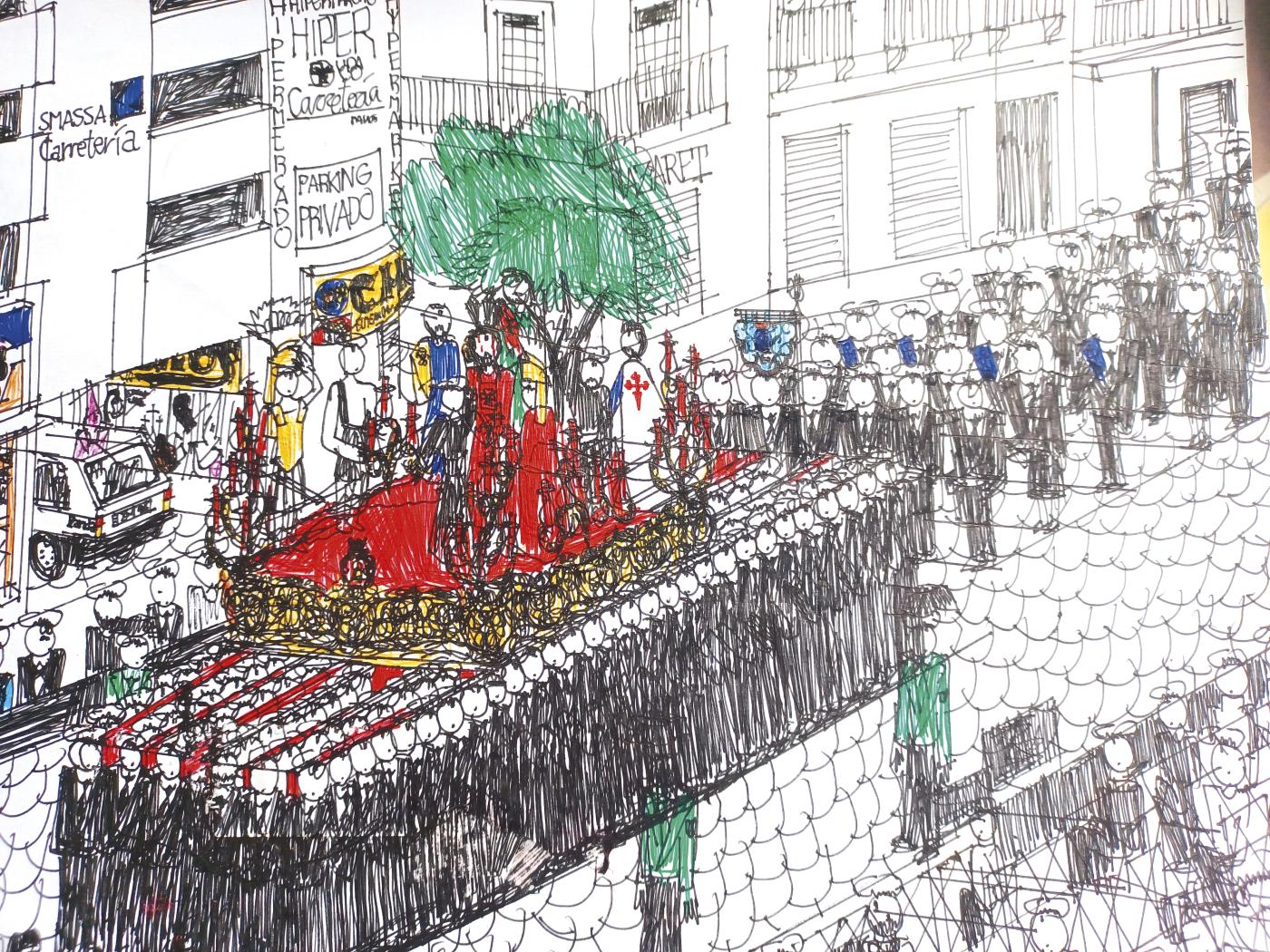 Dibujo de Álvaro Muñoz, hombre con trastorno del espectro autista, inspirado en el via crucis extraordinario con motivo del Centenario de la Agrupación de Cofradías de Semana Santa