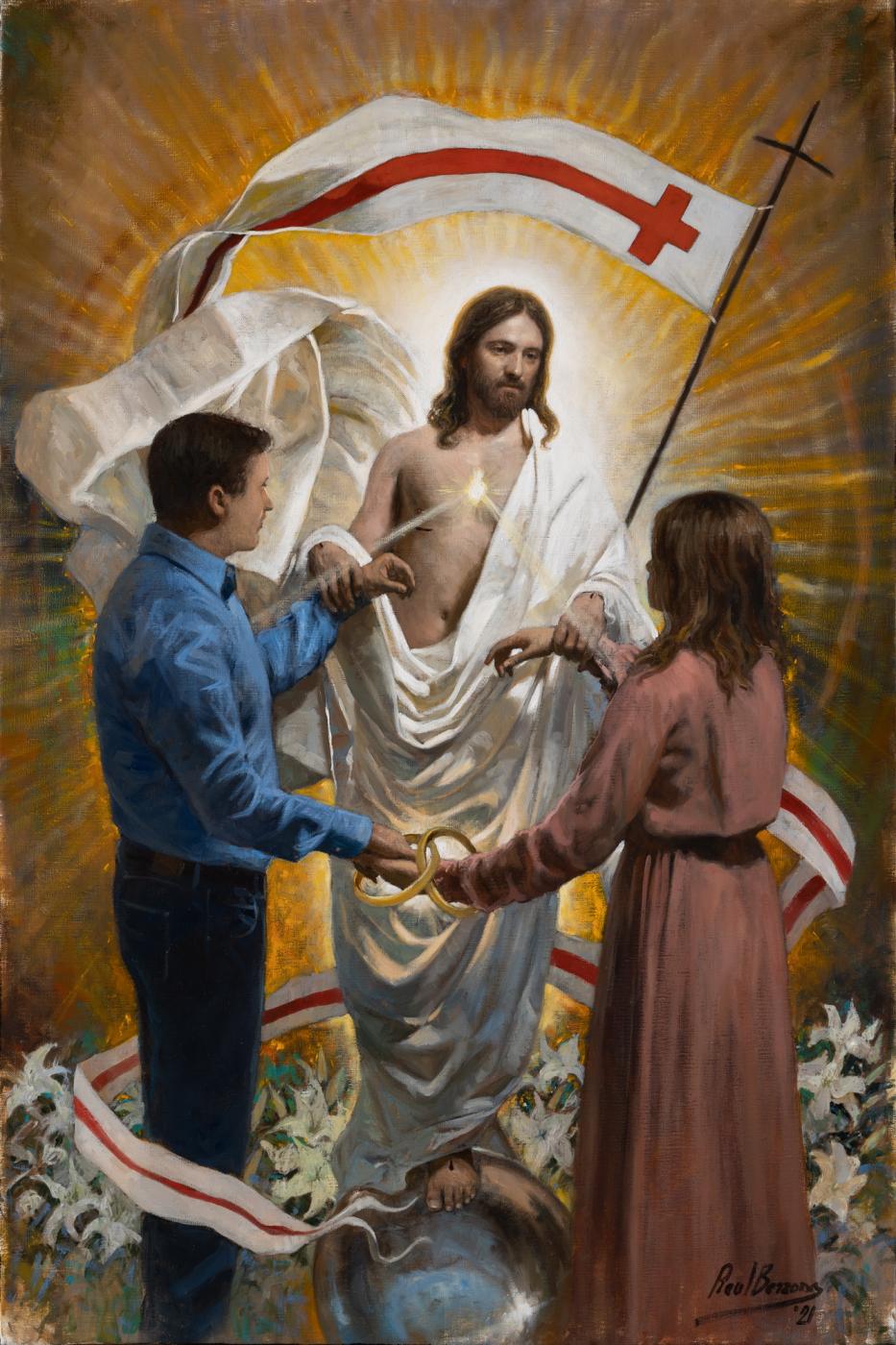 Pascua de Resurrección 2022, óleo del pintor malagueño Raúl Berzosa. Sello de Pascua de Resurrección encargado por la Oficina de Correos y Filatelia de la Ciudad del Vaticano donde se presenta el Año Familiar Amoris Laetitia.