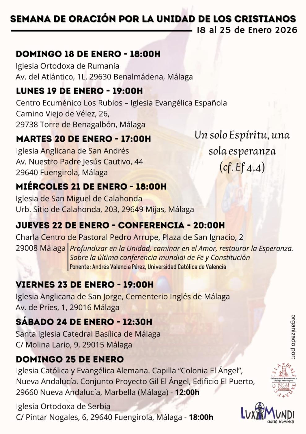 Programa de la Semana de Oración por la Unidad de los Cristianos 2026 en la DIócesis de Málaga